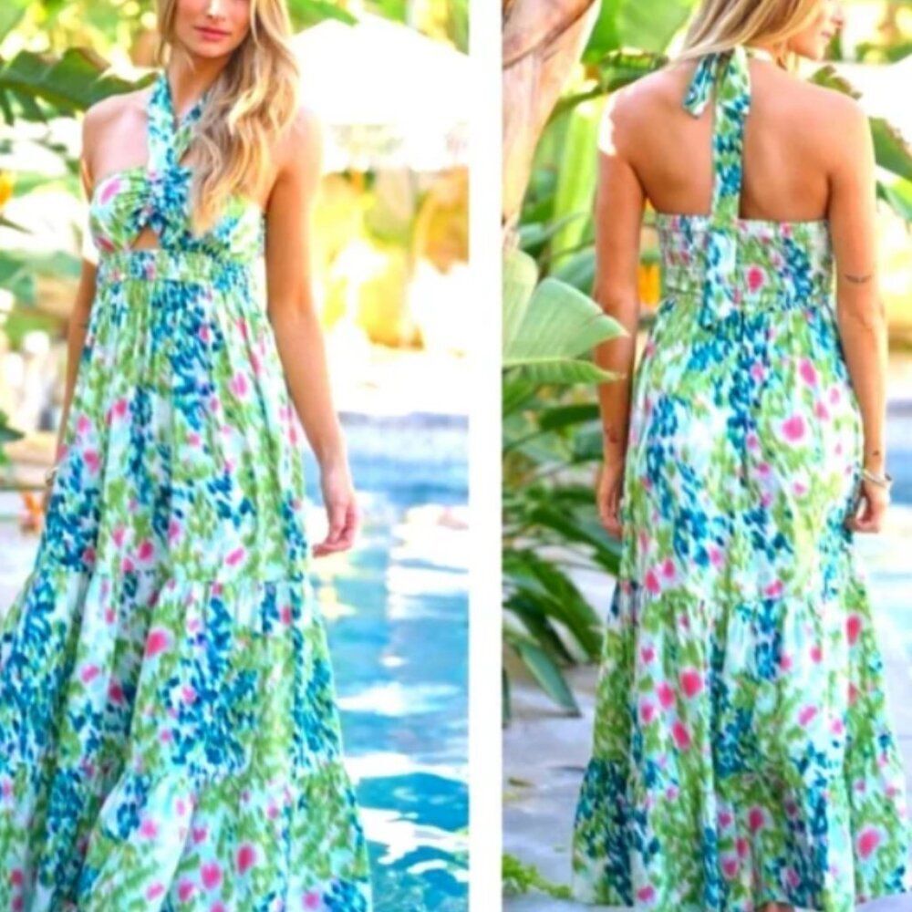 J. NNA Boho abstract print halter summer  party pocket  maxi dress Sz M NWOT